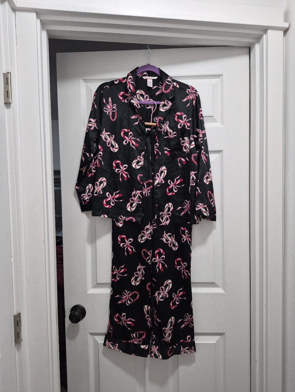 Black Womens Pajama Set with Pink Bow And Candycane Print